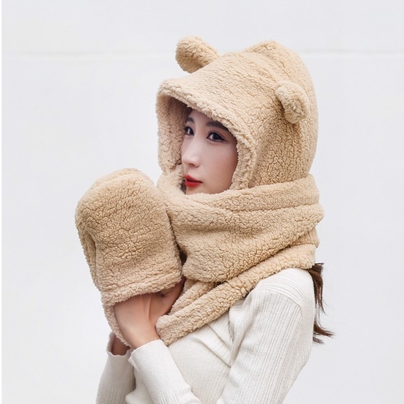 Mũ Len Tai Gấu Trùm Đầu Kèm Khăn Và Bao Tai 3 Trong 1 Siêu Xinh Jussy Kiểu Dáng Mũ Lông Cừu Dày Mịn Ấm Áp