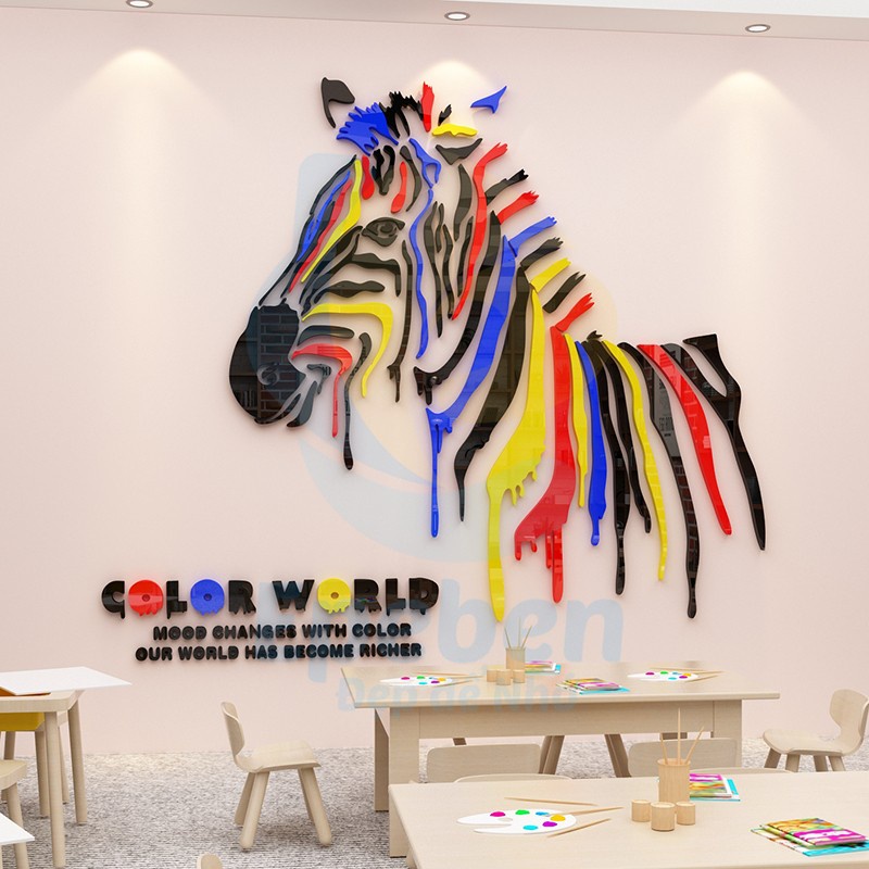 Tranh dán tường mica 3d hình con ngựa thế giới sắc màu trang trí mầm non, phòng cho bé Nhiều Size - EPeBen