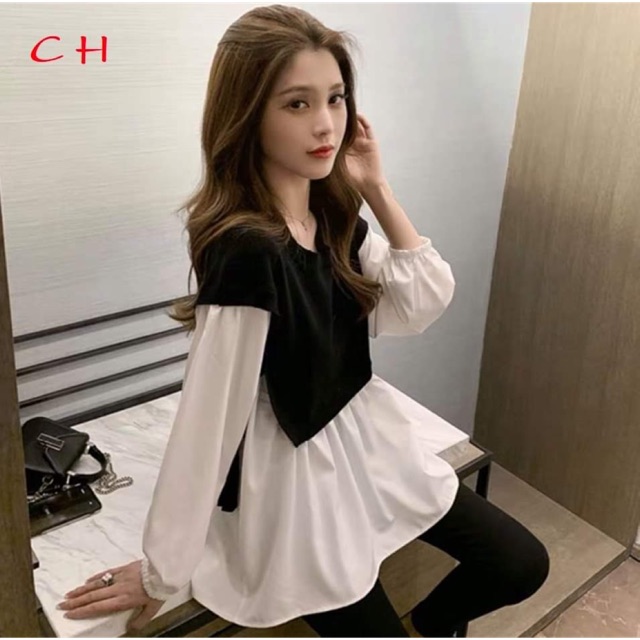 Áo phối vạt sơ mi nơ eo Dáng baby doll