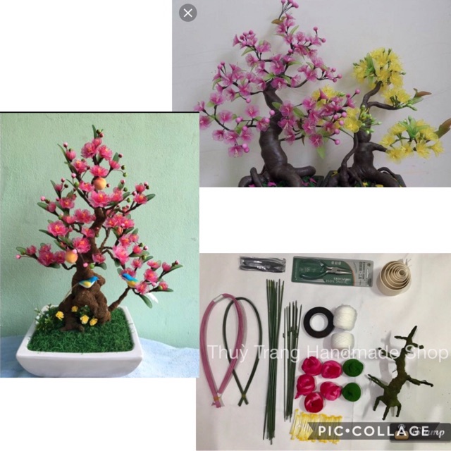 Combo nguyên liệu, dụng cụ làm hoa đào bonsai bằng vải voan