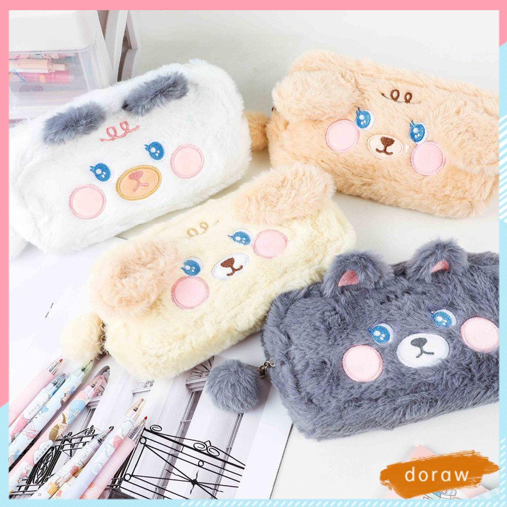 Túi Đựng Bút/Đồ Trang Điểm Dung Tích Lớn Phối Lông Nhiều Màu Dễ Thương Dành Cho Nữ