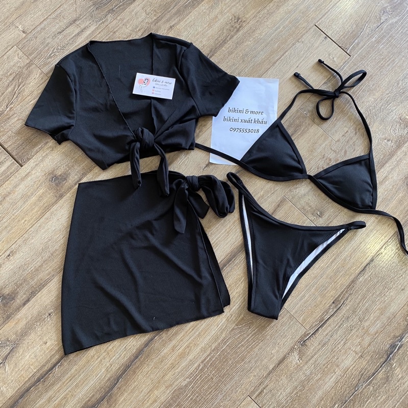 [BKN1342] &lt;ÂU&gt; SET BIKINI 4 MÓN VẢI GÂN CAM/ĐEN KÈM ÁO VÀ KHĂN HÔNG