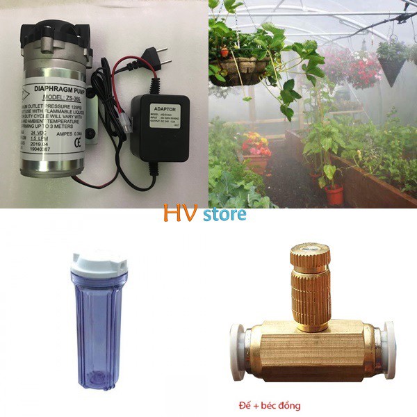 Bộ phun sương đầu đồng có bơm và cốc lọc, 20 bec + 20 mét dây dẫn dùng làm mát nhà, tưới lan, tưới cây…