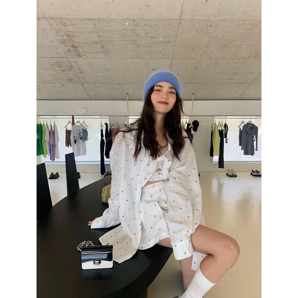 Áo Sơ Mi Tay Dài Siêu Mỏng Họa Tiết Chấm Bi Thời Trang Mùa Hè Sành Điệu Cho Nữ