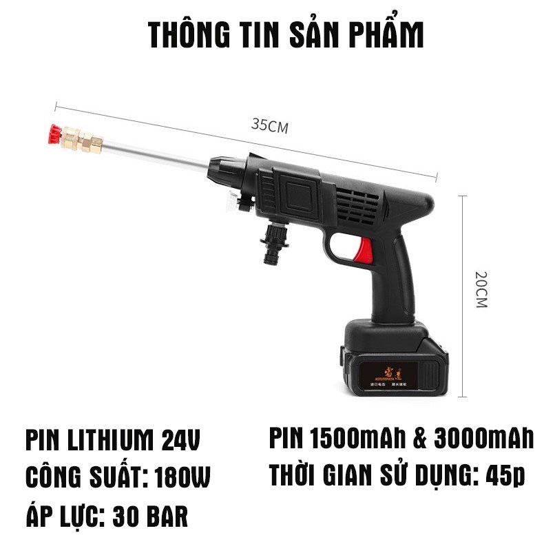 Máy rửa xe áp lực cao không dây dùng pin Lithium 24V, súng rửa xe mini gia đình tiện dụng