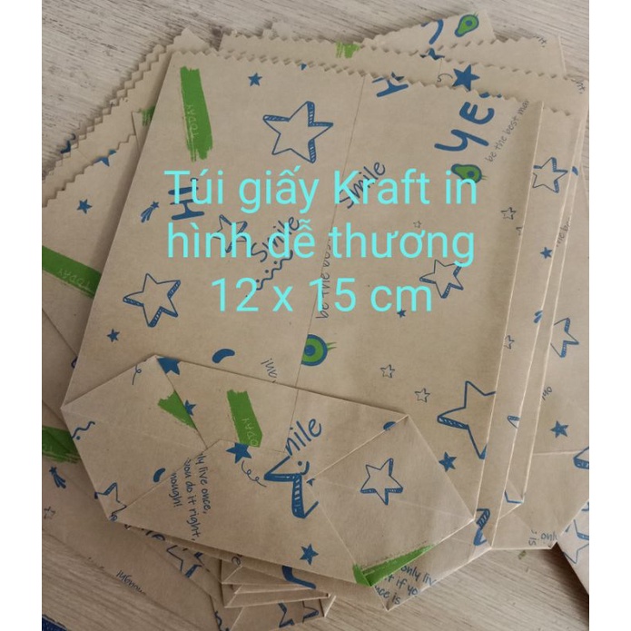 Combo 10 túi kraft in họa tiết dễ thương kt 12 x 15 cm
