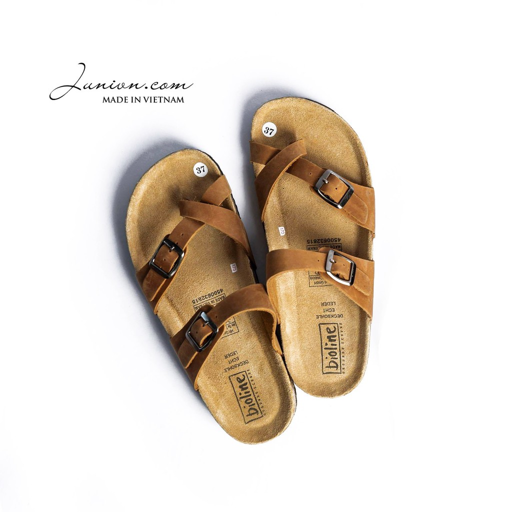 [DA BÒ THẬT] D06-Dép da bò xỏ ngón, quai chéo Birken Bioline Unisex (Đế trấu) – Juni Store