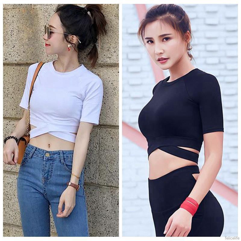 Áo Croptop tay ngắn cổ tròn thiết kế màu trơn cá tính cho nữ