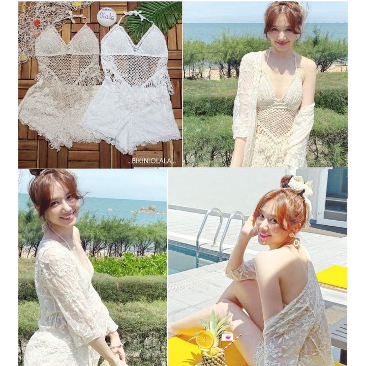 Bikini Len Đi Biển, Set Ren 3 Món Quảng Châu Tua Rua Tam Giác Vivi Shop