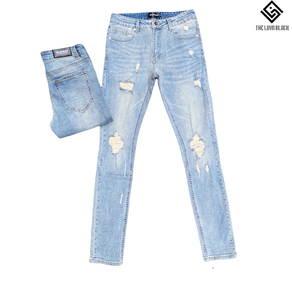 Quần Jean Nam The Luyn Black Phong Cách Streetwear Rách Gối Màu Xanh Nhạt Đơn Giản Dễ Phối Đồ