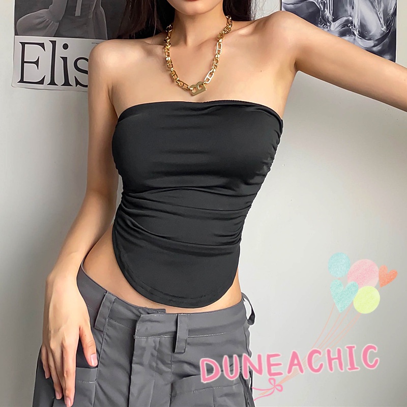 DUNEA Áo Ống Xếp Ly Lệch Vai Quyến Rũ Cho Nữ