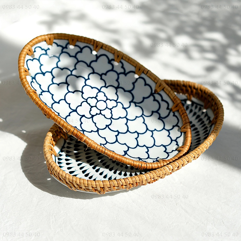 Đĩa Mây Đan (Oval) Kết Hợp Gốm Sứ, Trang Trí Bàn Ăn.