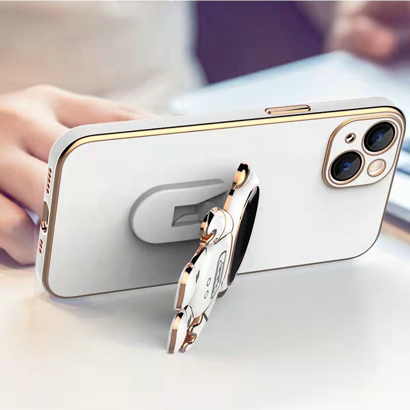 Casing Realme C15 C17 7i 8 Pro 4G 8i 5 5S 5i 2 C2 C1 U1 XT Multicolor Straight Edge Plating with Cute Cartoon Space Astronaut Stand  Fine Hole Anti-fall Lens Protection Soft Phone Case MMT 07