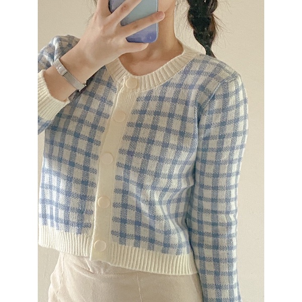 [CÒN HỒNG] Áo len dệt kim kiểu dáng crotop họa tiết kẻ mặc thu đông | BigBuy360 - bigbuy360.vn