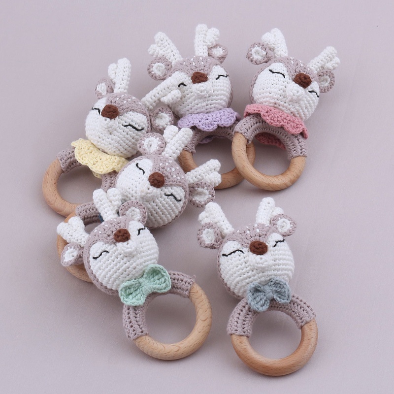 Đồ Chơi Chuông Lắc Cầm Tay Bằng Cotton Dệt Kim Handmade Không BPA Hình Động Vật Dành Cho Bé Mọc Răng