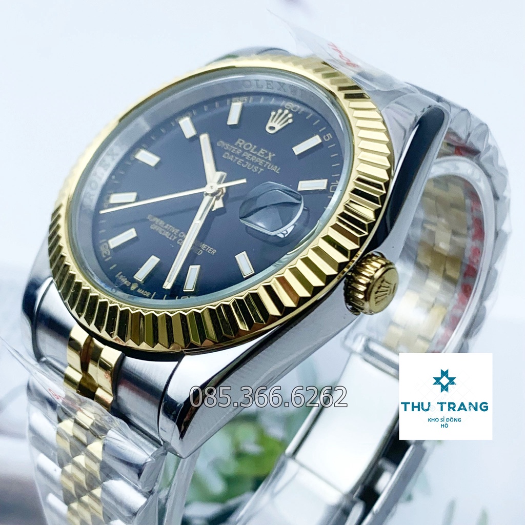 Đồng hồ nam Rolex cơ Automatic máy Nhật mẫu đen viền vàng dây demi cọc số DẠ QUANG- ĐÍNH ĐÁ size 39-40mm