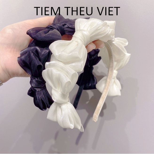 Băng Đô Gắn Nhiều Nơ Tiệm Thêu Việt Chất Liệu Voan Xước