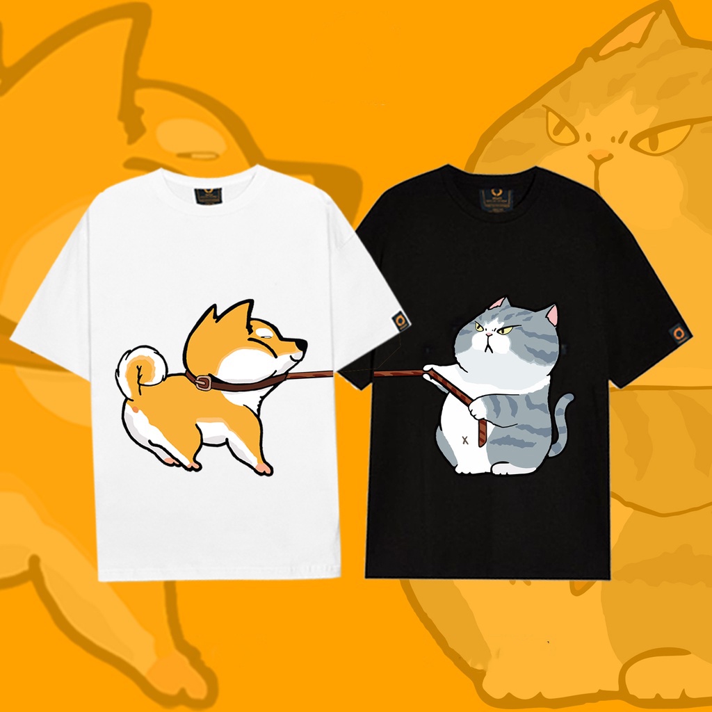 Áo thun cặp đôi In hình Chó Mèo Kéo Dây siêu dễ thương, Áo phông unisex Nam Nữ