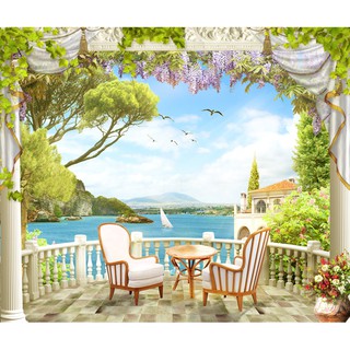 Tranh dán tường 3D cửa sổ phong cảnh châu âu - VẢI LỤA  phủ kim sa (kích thước theo yêu cầu)