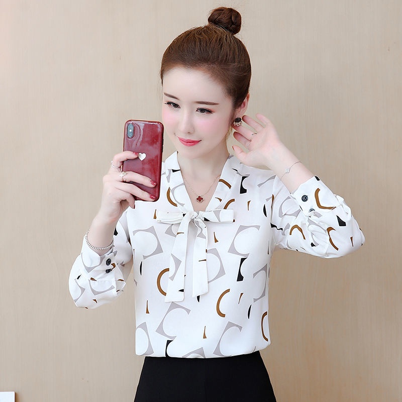 Áo Sơ Mi Chiffon Tay Dài Dáng Ôm In Họa Tiết Phong Cách Hàn Quốc Thời Trang Xuân Thu 2022 Mới