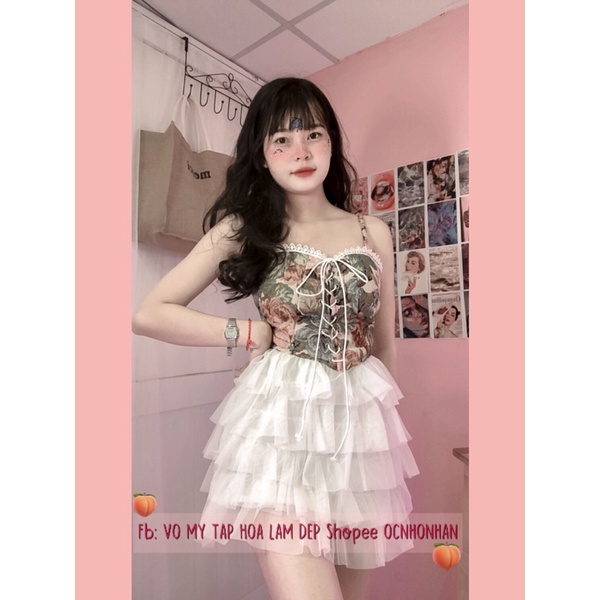 Set áo thổ cẩm hoa vintage + chân váy lưới tầng
