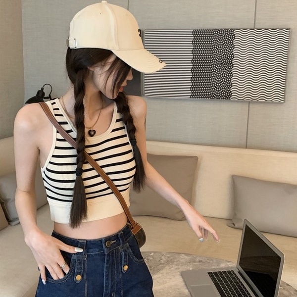 【ZHELIHANGFEI】Áo Dệt Kim Sát Nách Lưng Cao Họa Tiết Kẻ Sọc Phong Cách Quyến Rũ