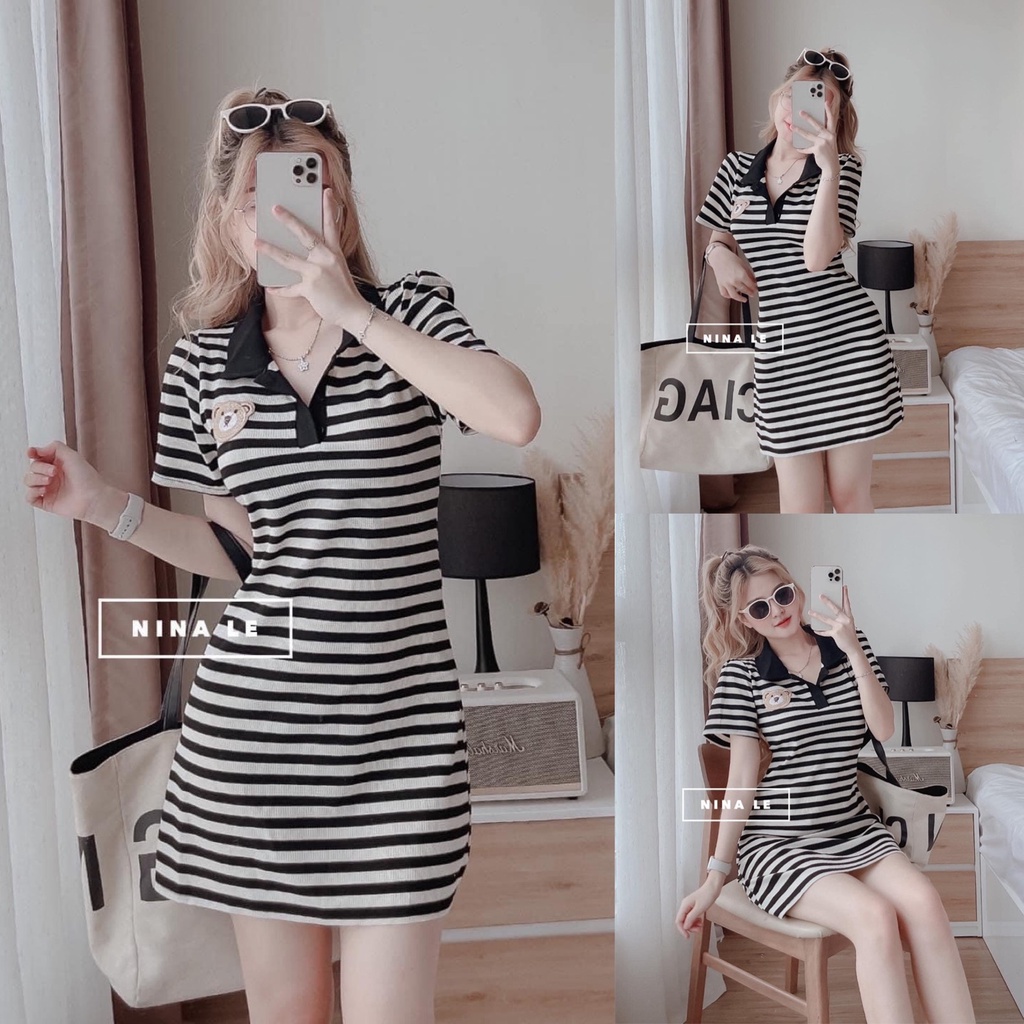 Đầm váy nữ sọc ngang họa tiết gấu nhỏ nhắn xinh xắn thích hợp cho các nàng đi chơi hoặc đi học đều cute