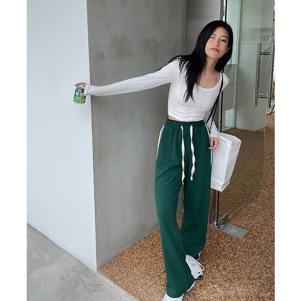 Quần Thể Thao Lưng Cao Ống Rộng Họa Tiết Kẻ Sọc Phong Cách Hàn Quốc Thời Trang Cho Nữ