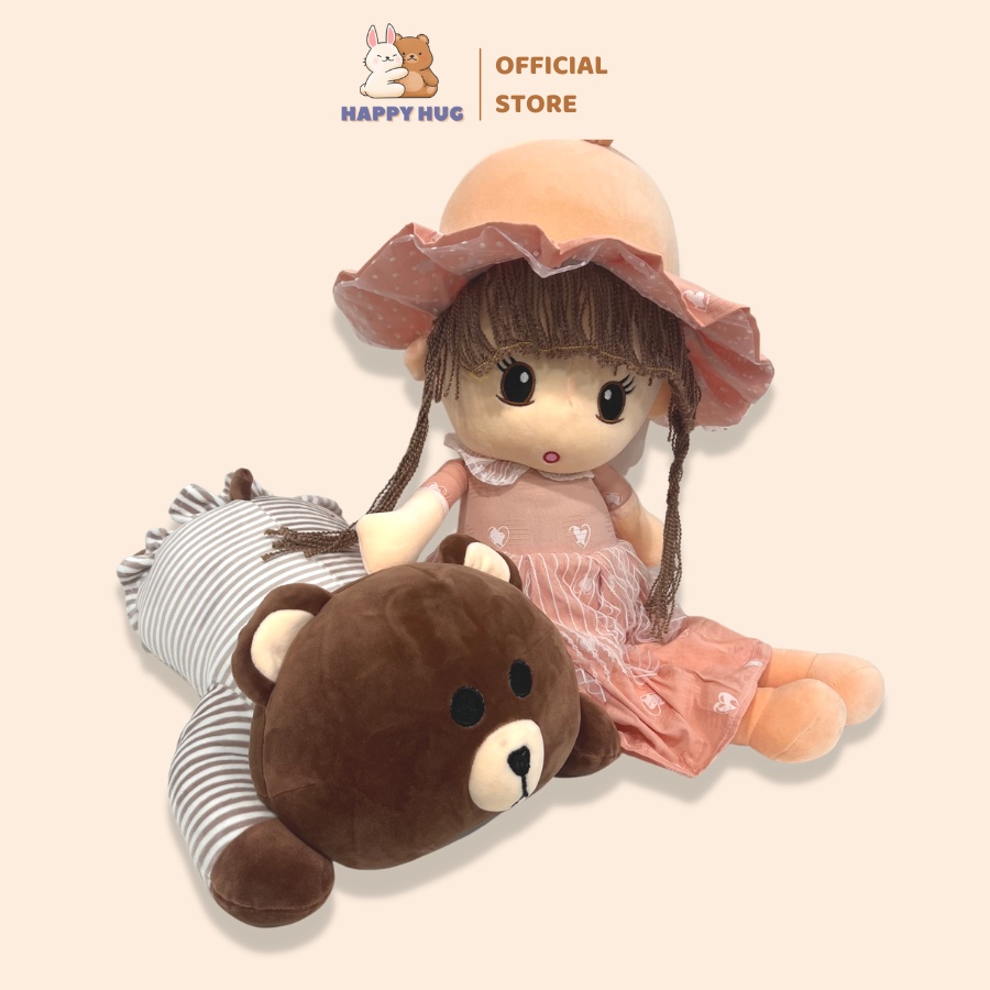 Gối ôm gấu Brown mặc váy kẻ size 45cm đáng yêu, gấu bông ôm nằm - Happy Hug