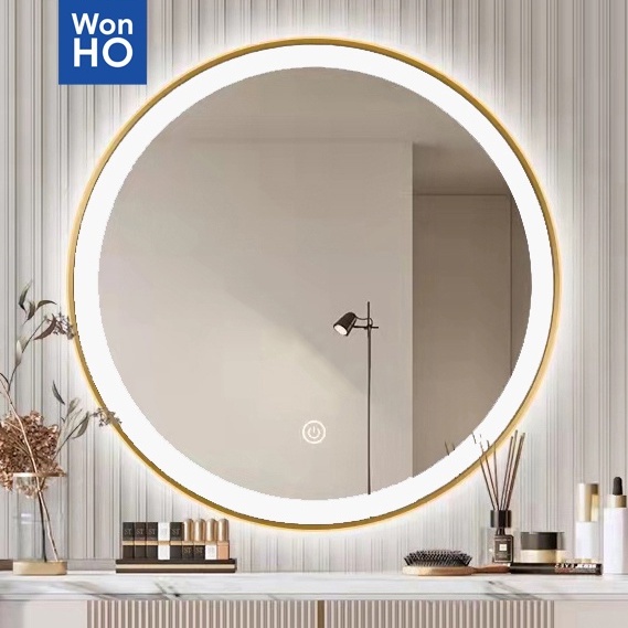 Gương Tròn Có LED treo tường viền vàng óng, sơn tĩnh điện bằng kim loại, phím cảm ứng tắt mở, màu led trắng