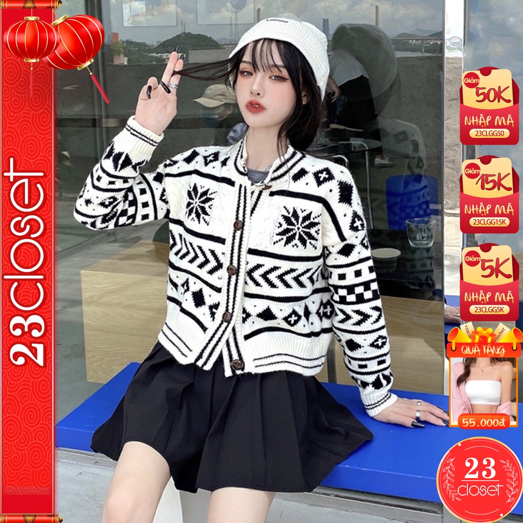 Áo khoác len cardigan croptop nữ 23Closet họa tiết hoa tuyết len móc dài tay kiểu Hàn Quốc khoác thu đông  - CDG02