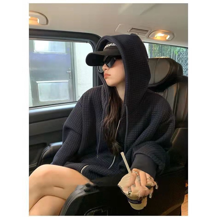 [Spot] Áo khoác len dày dáng rộng có mũ trùm đầu phong cách vibe