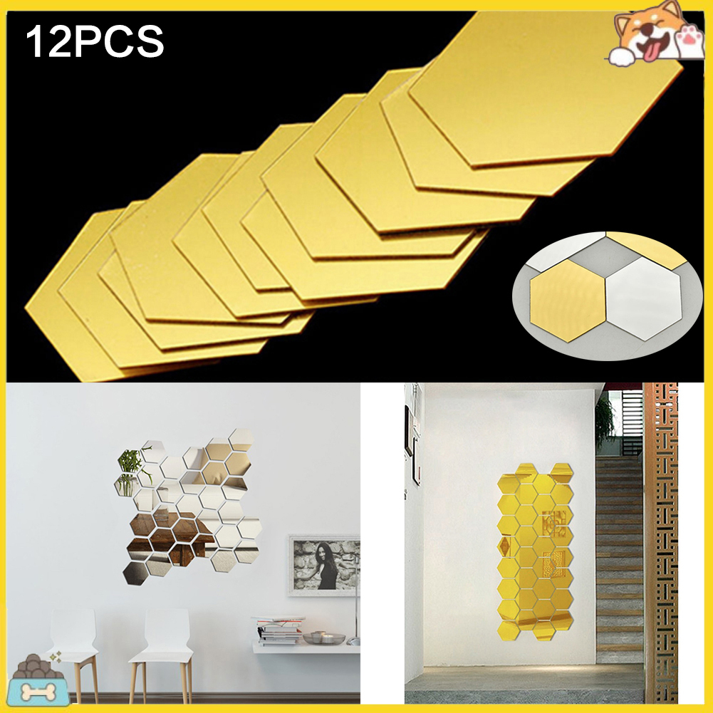 Bộ 12 miếng dán tường tráng gương hình lục giác bắt mắt