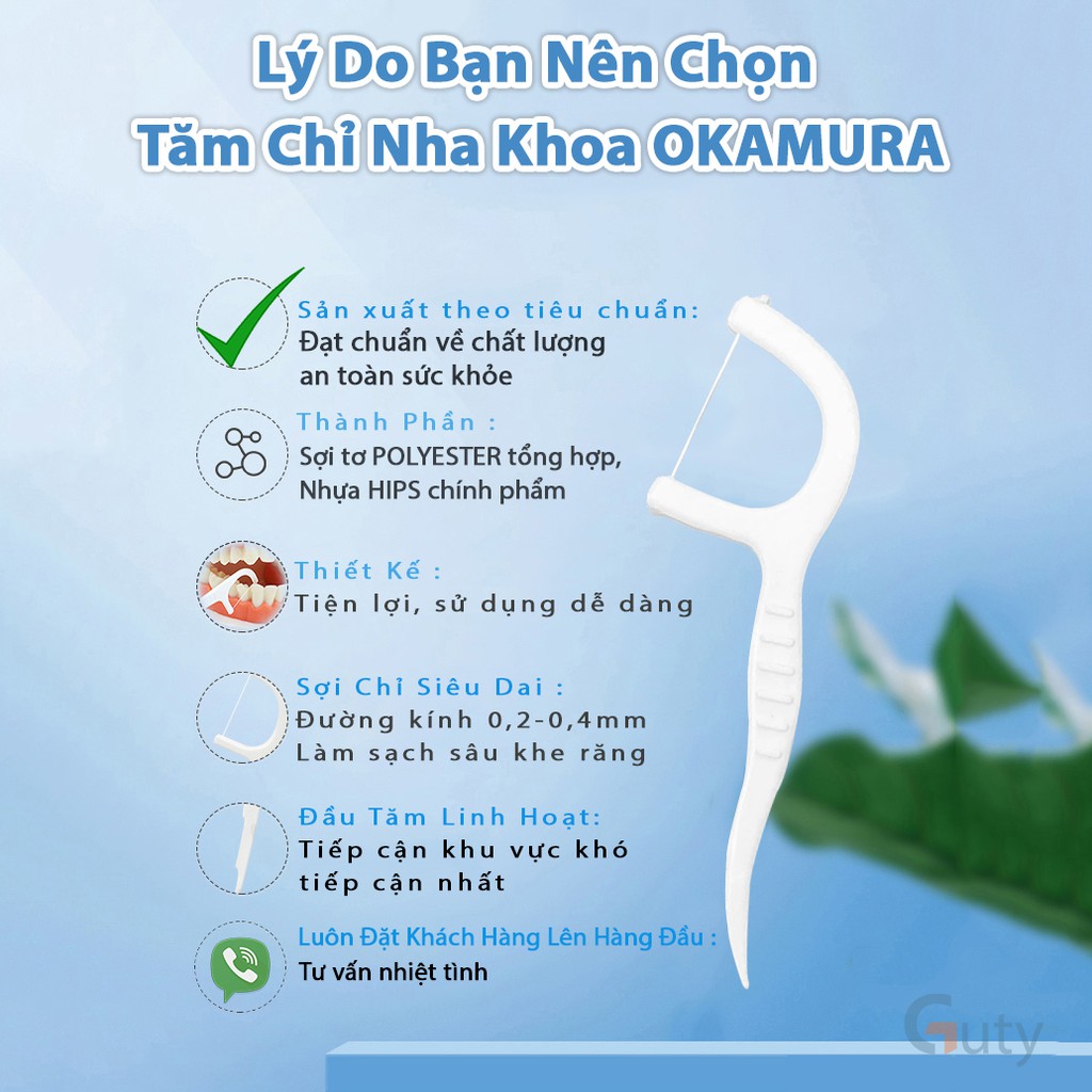 Tăm chỉ nha khoa Okamura (túi 50 chiếc), loại bỏ mảng bám thức ăn, ngăn ngừa sâu răng