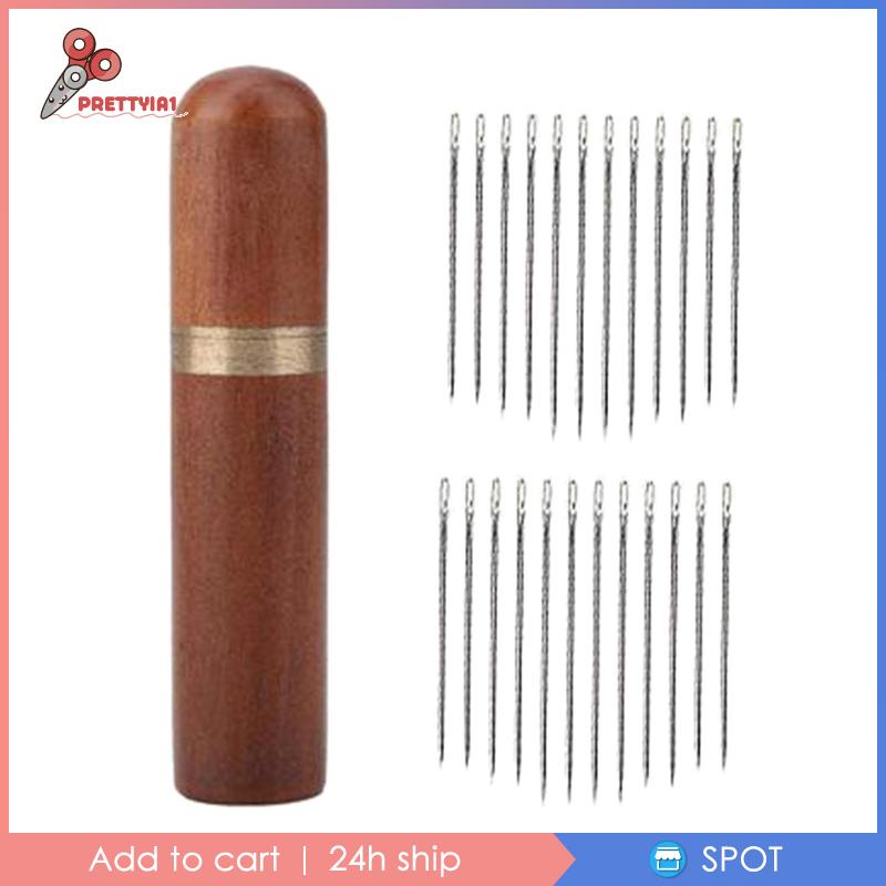 [Prettyia1] 24 Kim Xỏ Chỉ Tự Dính Với Hộp Đựng Kim Gỗ Màu Nâu_Golden