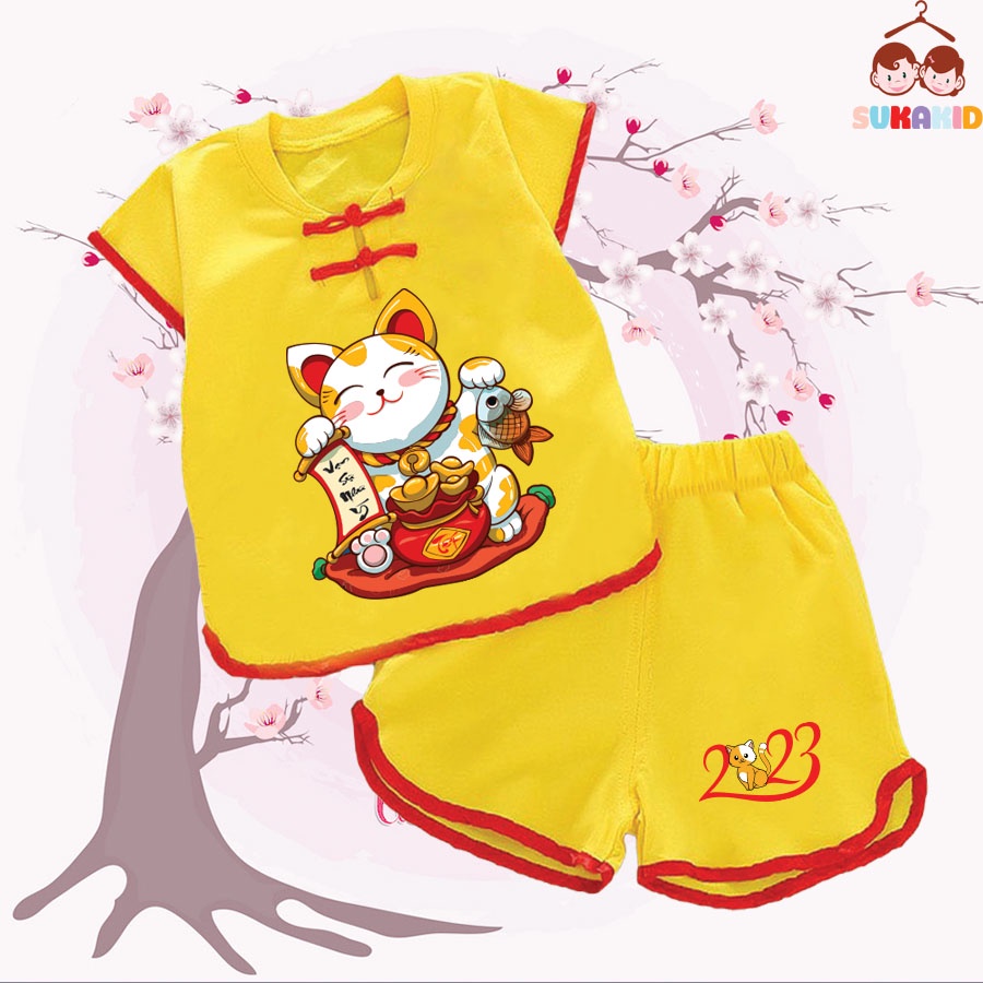 Sét Bộ tết đồ tết cho bé nút tàu tết xuân con meo 2023 cho bé từ 6kg-29kg.NT01.