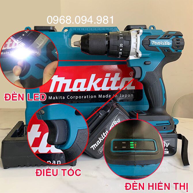 SIÊU KHỎE!!!!Máy Khoan Pin Makita 118V 3 Chức Năng, Loại Không Chổi Than, Đầu Auto Lock 13mm