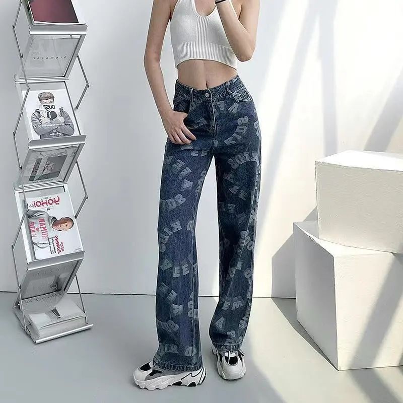 Quần jean nữ ống rộng in chữ phong cách Hip hop thời trang đường phố