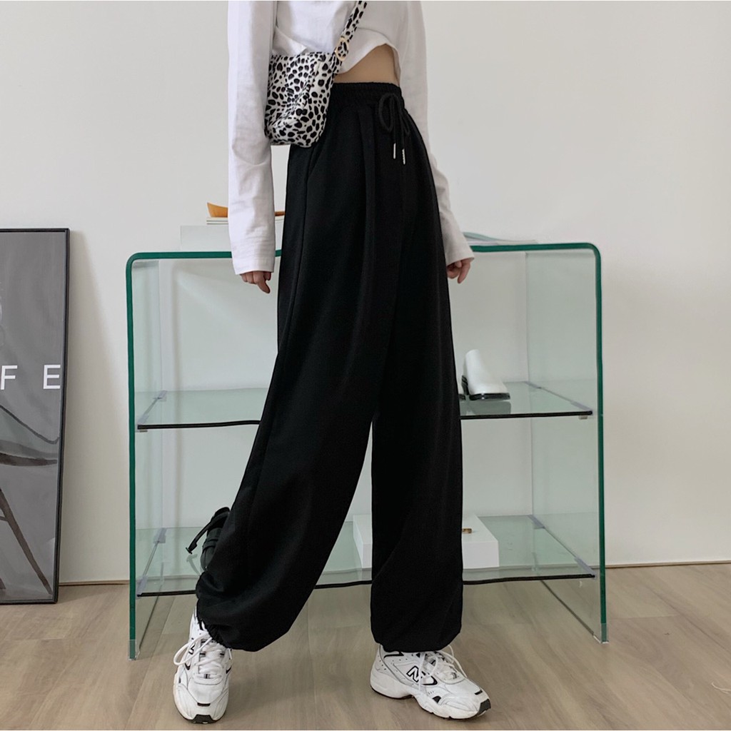 Quần jogger nữ dài ống rộng phong cách Ulzzang bo gấu chất thun trẻ trung