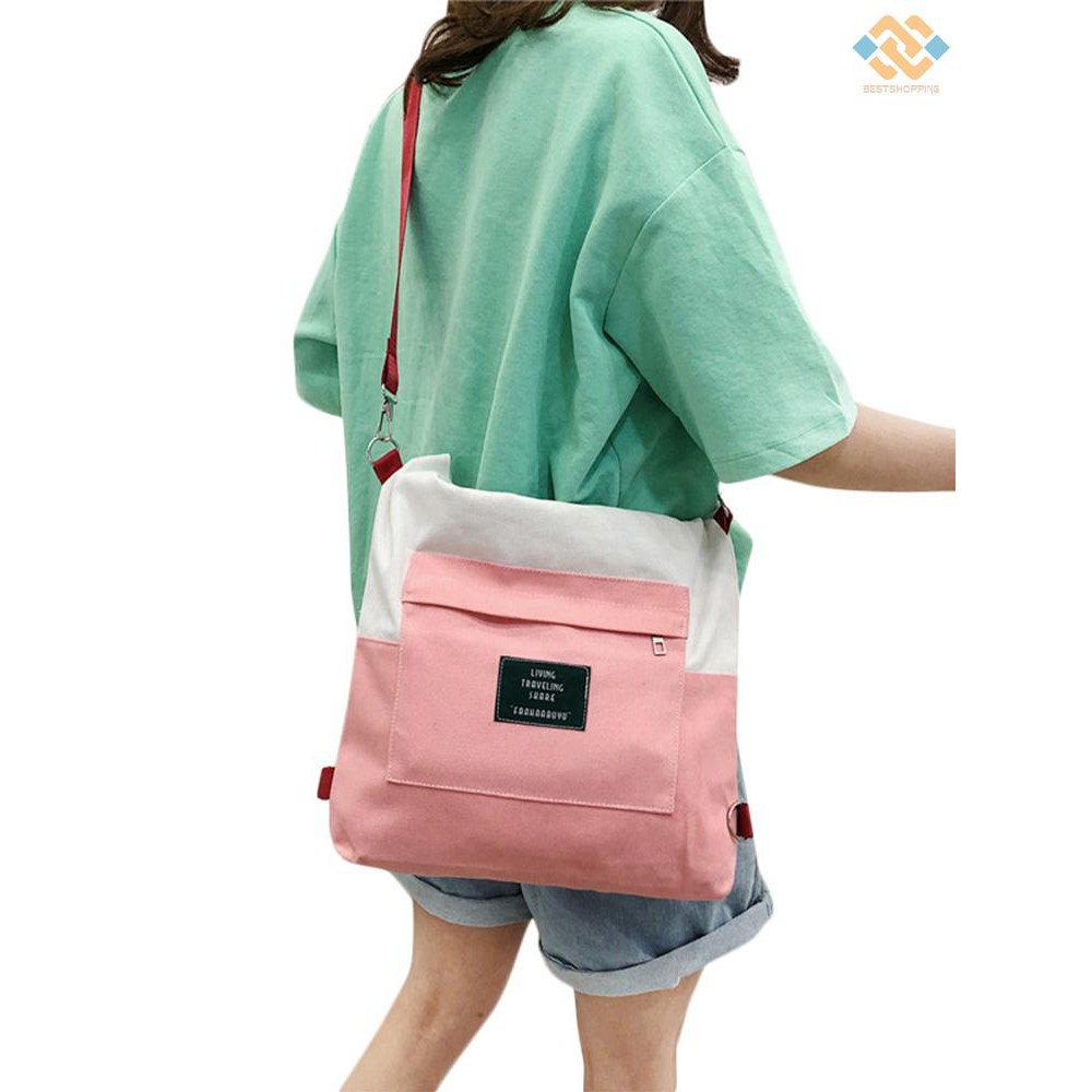 [BEST]Women Handbag Canvas Color Block LIVING TRAVELING SHARE Letters Zipper Large Capacity Multifunction Shoulder Bag