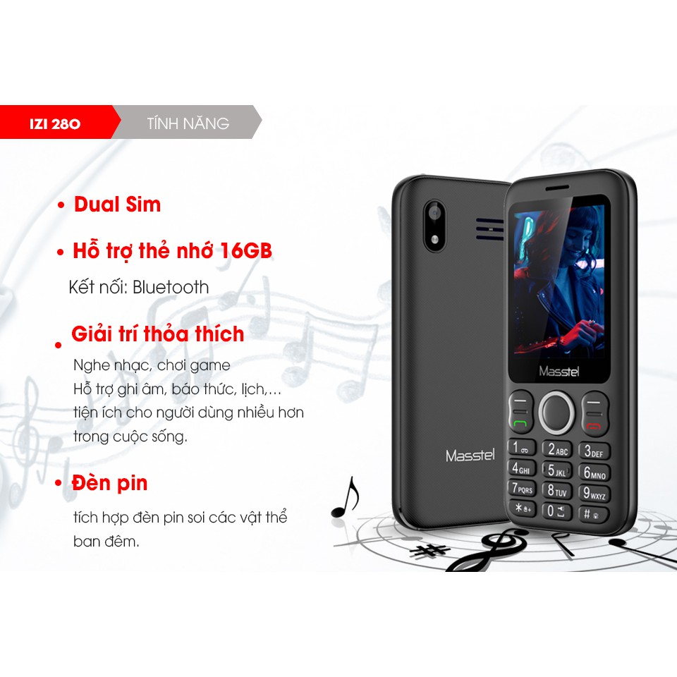 Điện Thoại Masstel izi 280 Pin Khủng - Loa To Bàn Phím Lớn - Nghe FM Không Cần Tai Nghe