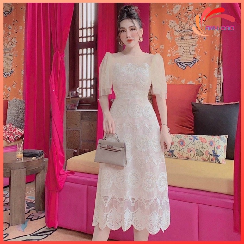 Váy đầm maxi vintage dự tiệc sang trọng cổ lưới tay cánh tiên màu nude chất ren V0022 full size AĐ BOUTIQUE