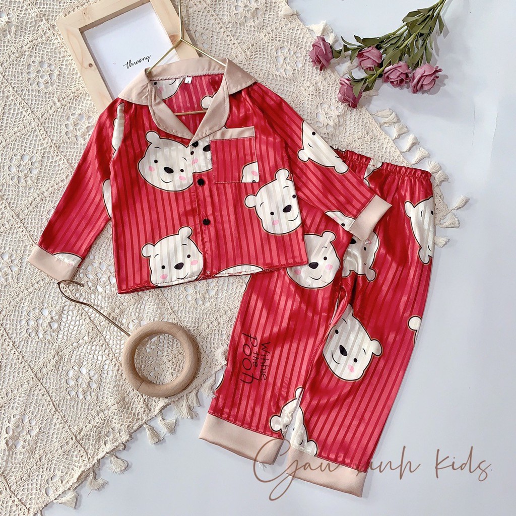 Bộ pijama lụa cho bé ⚡RẺ NHẤT SHOPEE⚡ Đồ ngủ dài tay nhiều hình hoạt hình xinh xắn ngộ nghĩnh cho bé trai/bé gái