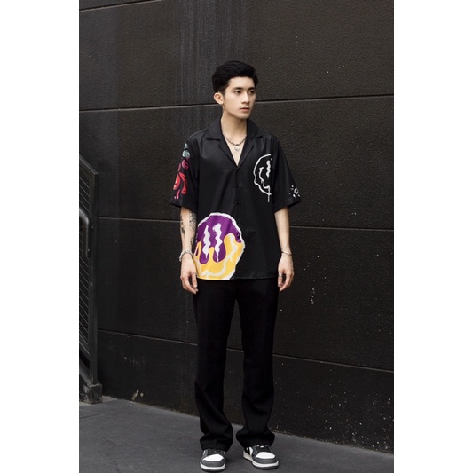 Áo sơ mi nam ngắn tay Họa tiết Form rộng, Mặt cười Đen- Local brand  CHÍNH HÃNG