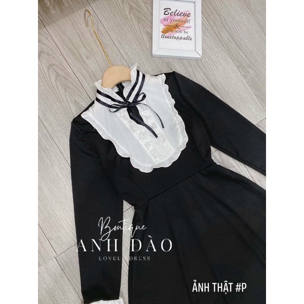 Váy đen tiểu thư dự tiệc sang trọng xoè nơ cổ bèo chất Umi Hàn loại xịn V169 form dài AĐ BOUTIQUE