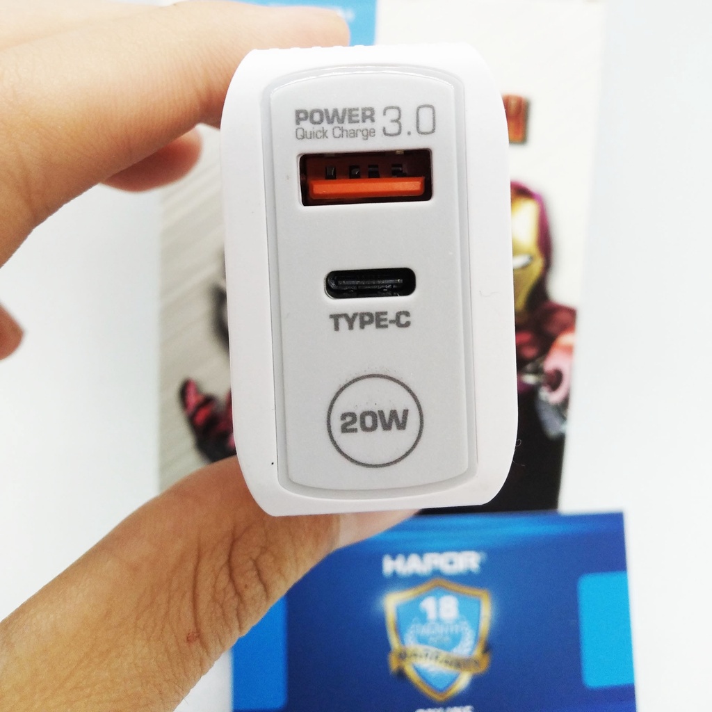 Củ sạc nhanh 2 cổng 20w chính hãng Hapor, cục sạc nhanh type c - usb, chống cháy nổ, Sạc siêu nhanh, chất lượng bền bỉ