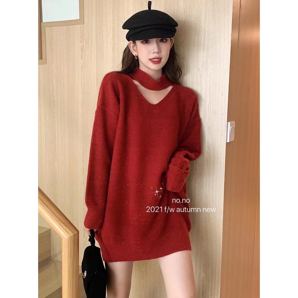 Áo Len Choker Dài Tay Dáng Rộng From Dấu Quần 4 Màu Trắng/Đỏ/Xanh/Đen Freesize