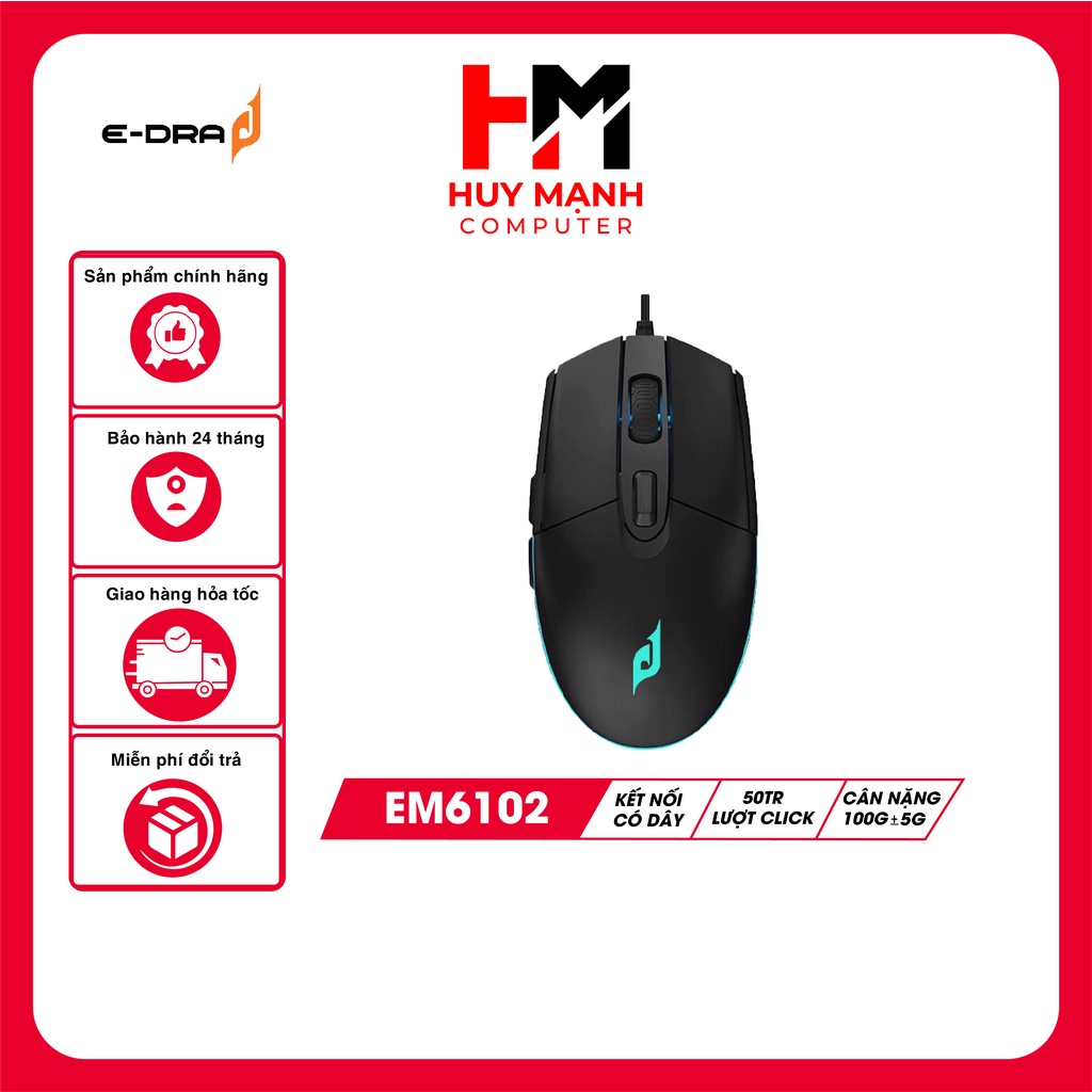 Chuột gaming Edra EM6102 Huy Mạnh Computer Chuột máy tính văn phòng sinh viên màu Đen/Trắng/Hồng LED