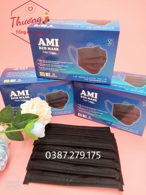 Combo 10 hộp khẩu trang y tế Ami màu đen 4 lớp (50 chiếc/ 1 hộp)