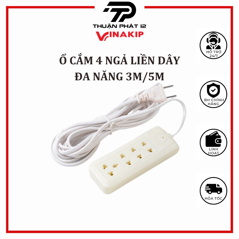 Ổ Cắm Điện Đa Năng VINAKIP 4 Lỗ Cắm Liền Dây Màu Trắng Ngà Loại 3m 5m 100% Chính Hãng
